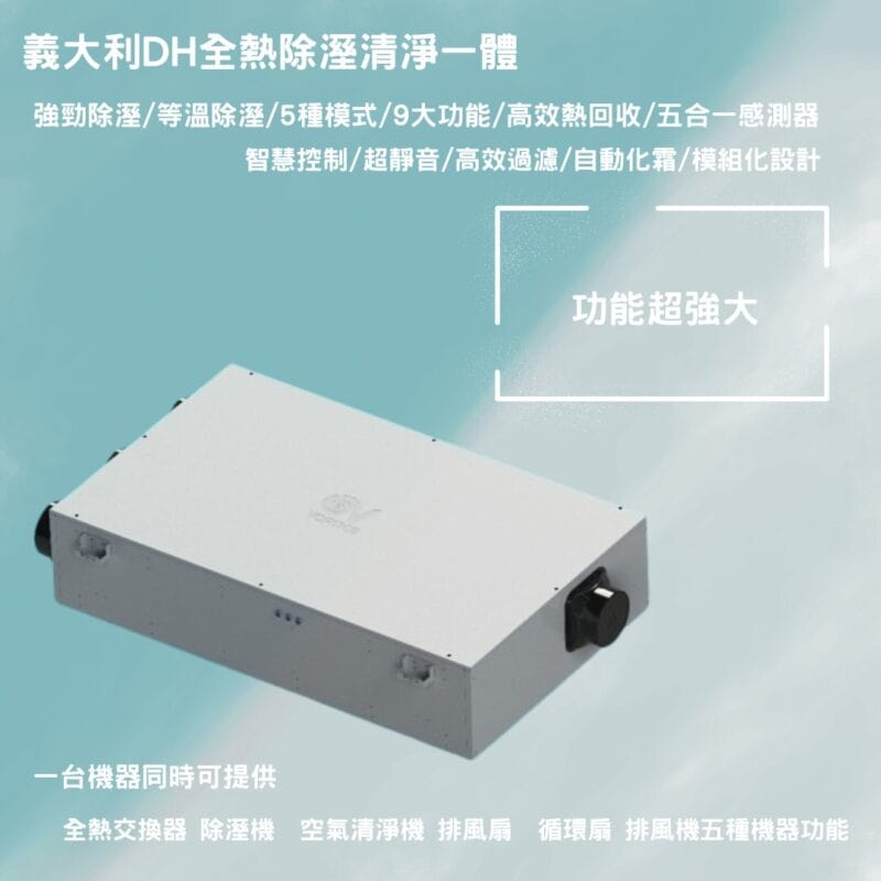 義大利DH全熱除溼清淨一體機-一台機器同時提供全熱機換器、除溼機、空氣清淨機、排風扇、循環扇、排風機五種機器功能。